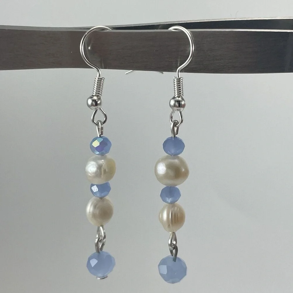 Artisan Hand Crafted Pearl Blue Glass Dangle Earrings Boho Silver Tone Hook